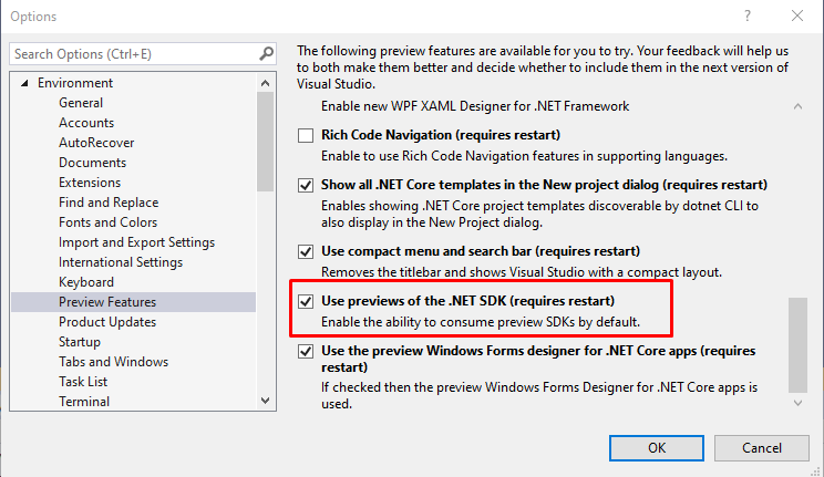 Enable Using Previews of the .NET SDK