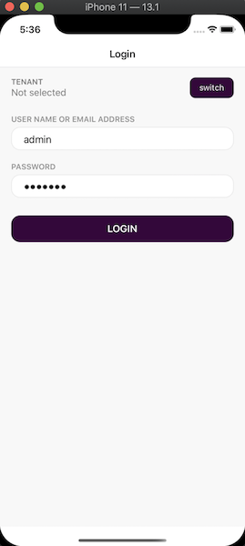 React Native login screen on iPhone 11